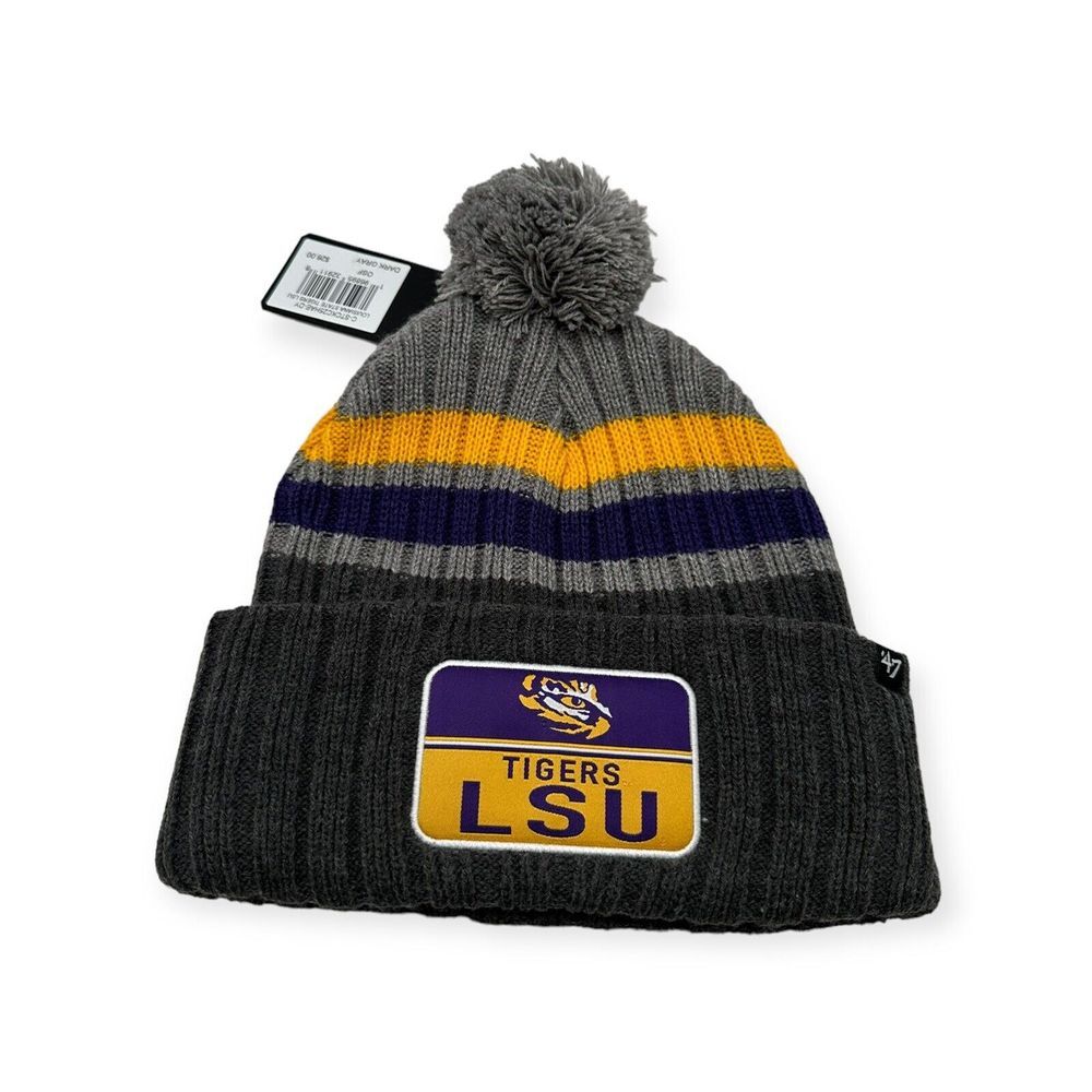 '47 LSU Tigers Beanie Gray Stack Striped Patch Pom Knit Cuff Hat Cap Pom